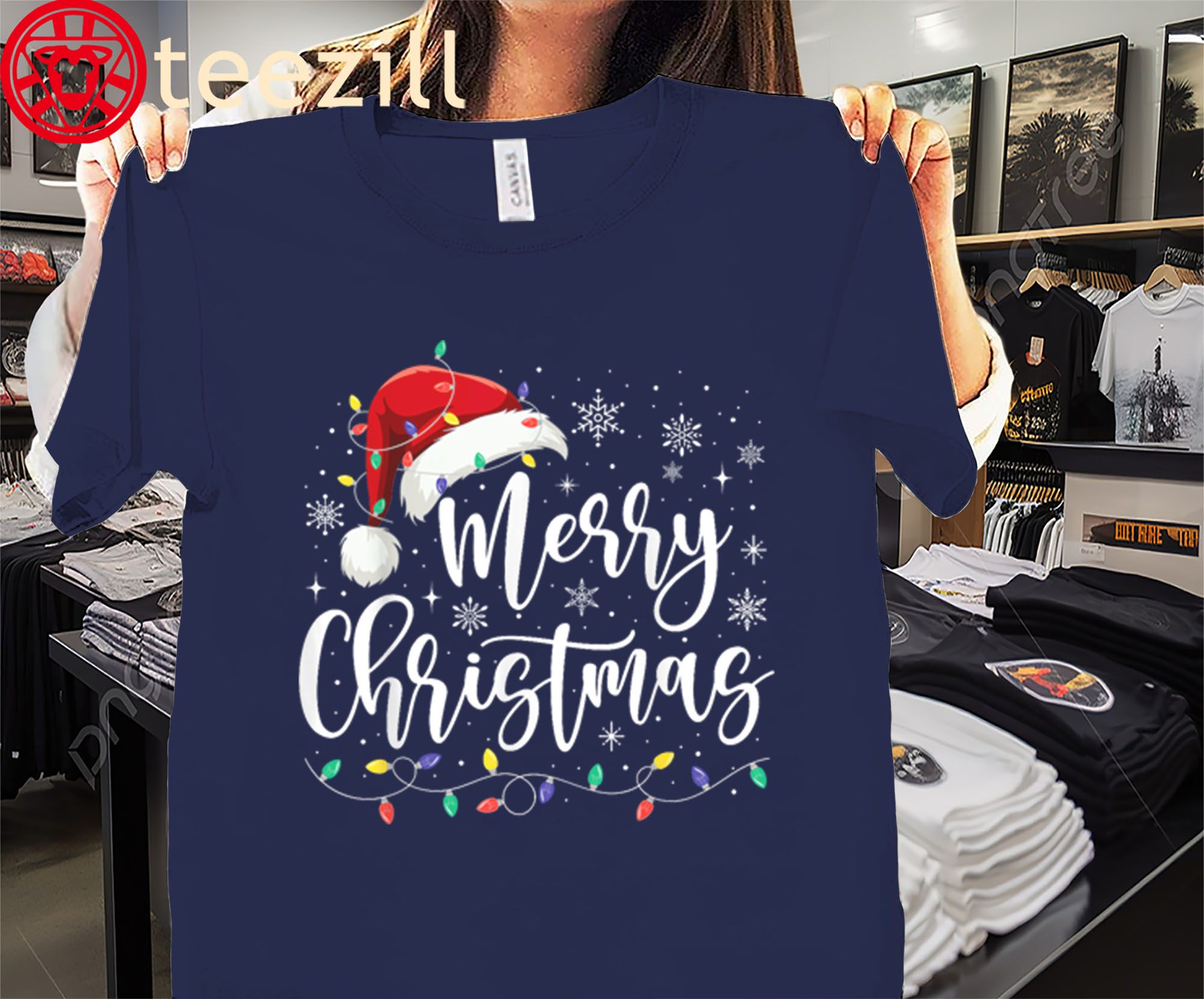 Family Men Women Merry Christmas Lights Red Santa Hat Xmas Shirt