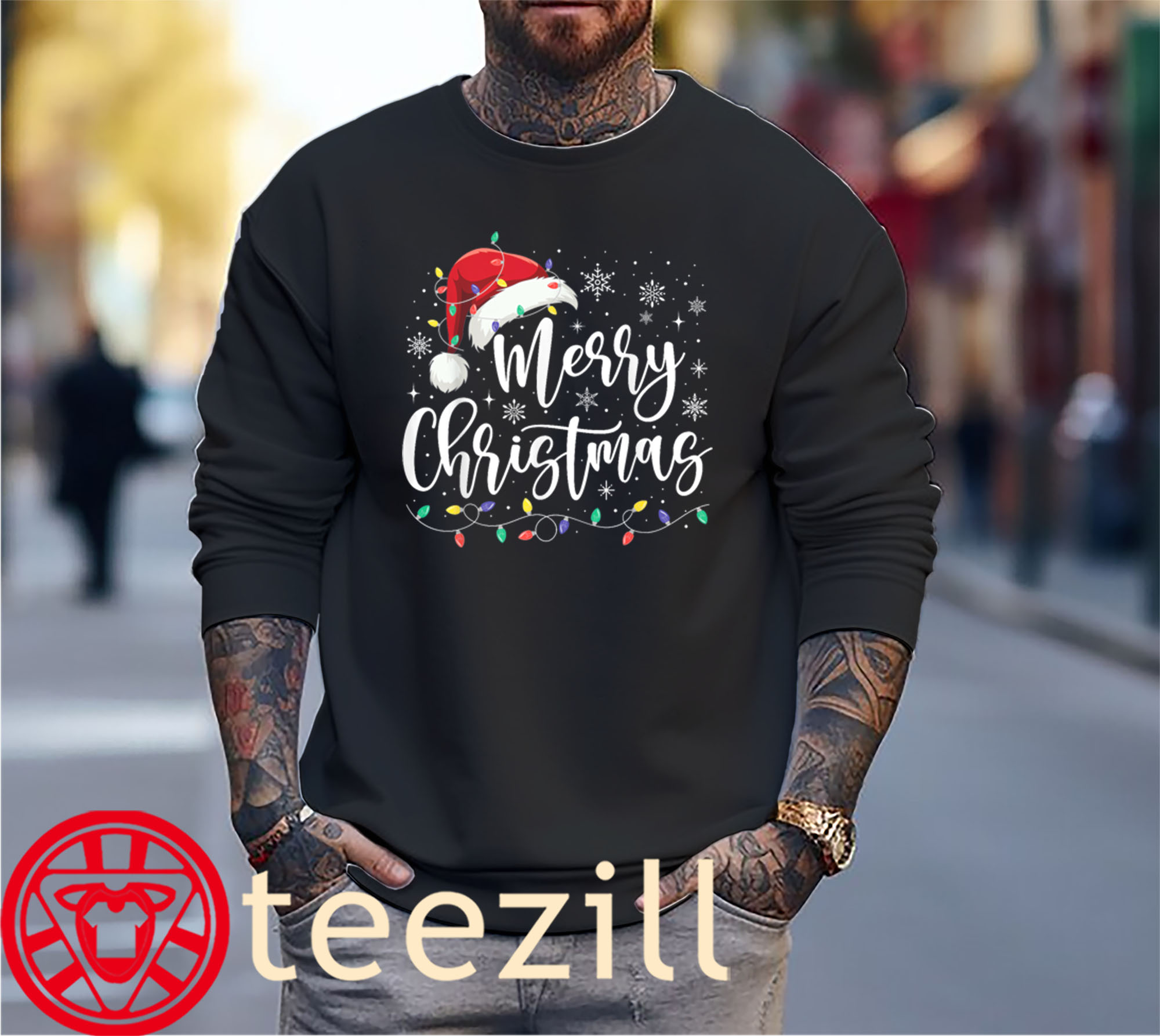 Family Men Women Merry Christmas Lights Red Santa Hat Xmas Shirt - Image 2