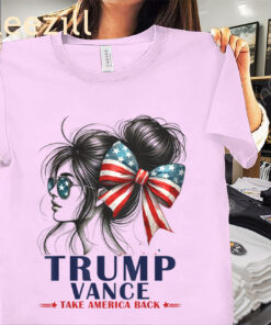 Tee Trump Vance Take America Back 2024 Messy Bun Girl USA Flag