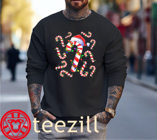 White Christmas Candy Cane Santa Lights Christmas Tee Shirt