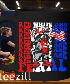 Red White and Feral Funny Raccoon 4th Of July Mug