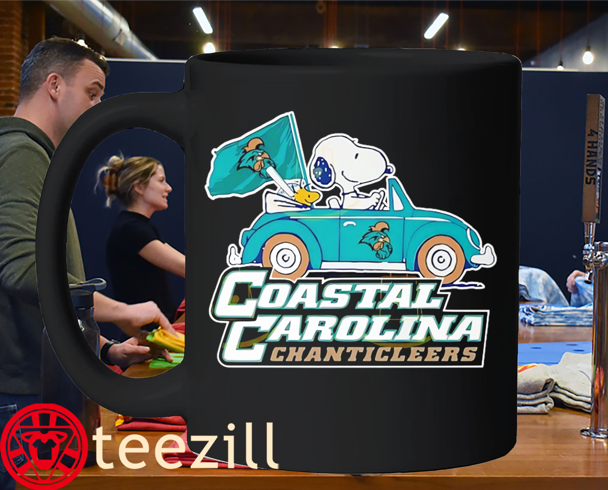 Coastal Carolina Chanticleers Snoopy And Woodstock Driving Car Premium Mug