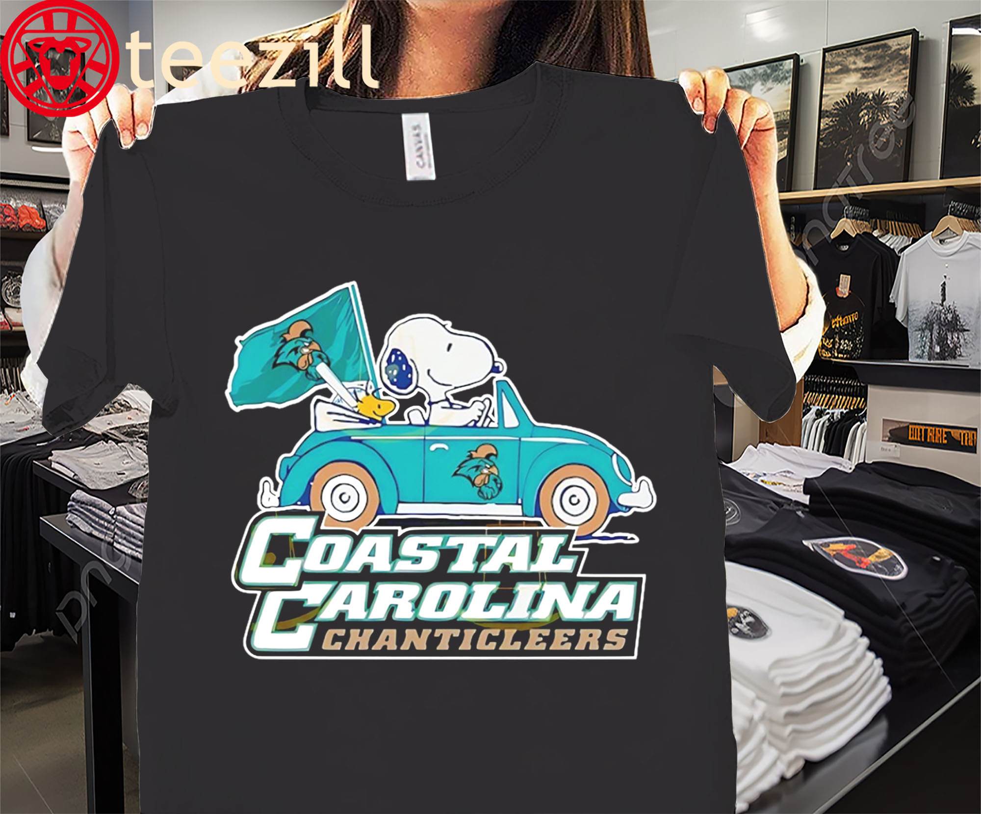 Coastal Carolina Chanticleers Snoopy And Woodstock Driving Car Premium Shirt
