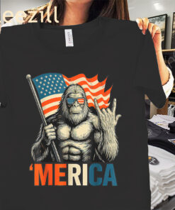Patriotic Bigfoot Merica Rock American Flag 4th Of July Shirt
