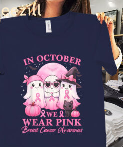 October We Wear Pink Ghost Squad Breast Cancer Awareness Tee Shirts