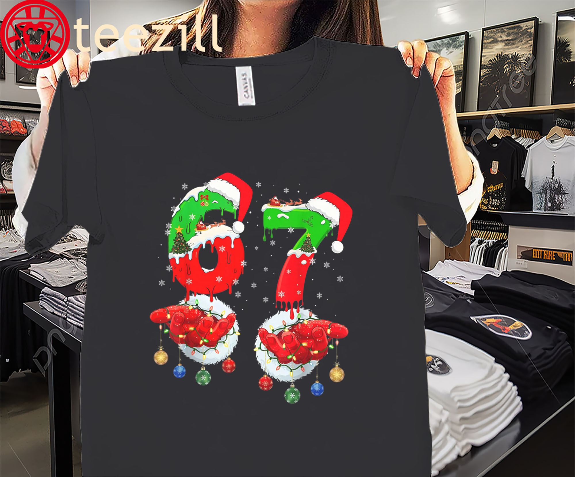 Funny Six Seven 67 Meme 6 7 Christmas Santa Hand Xmas Shirt
