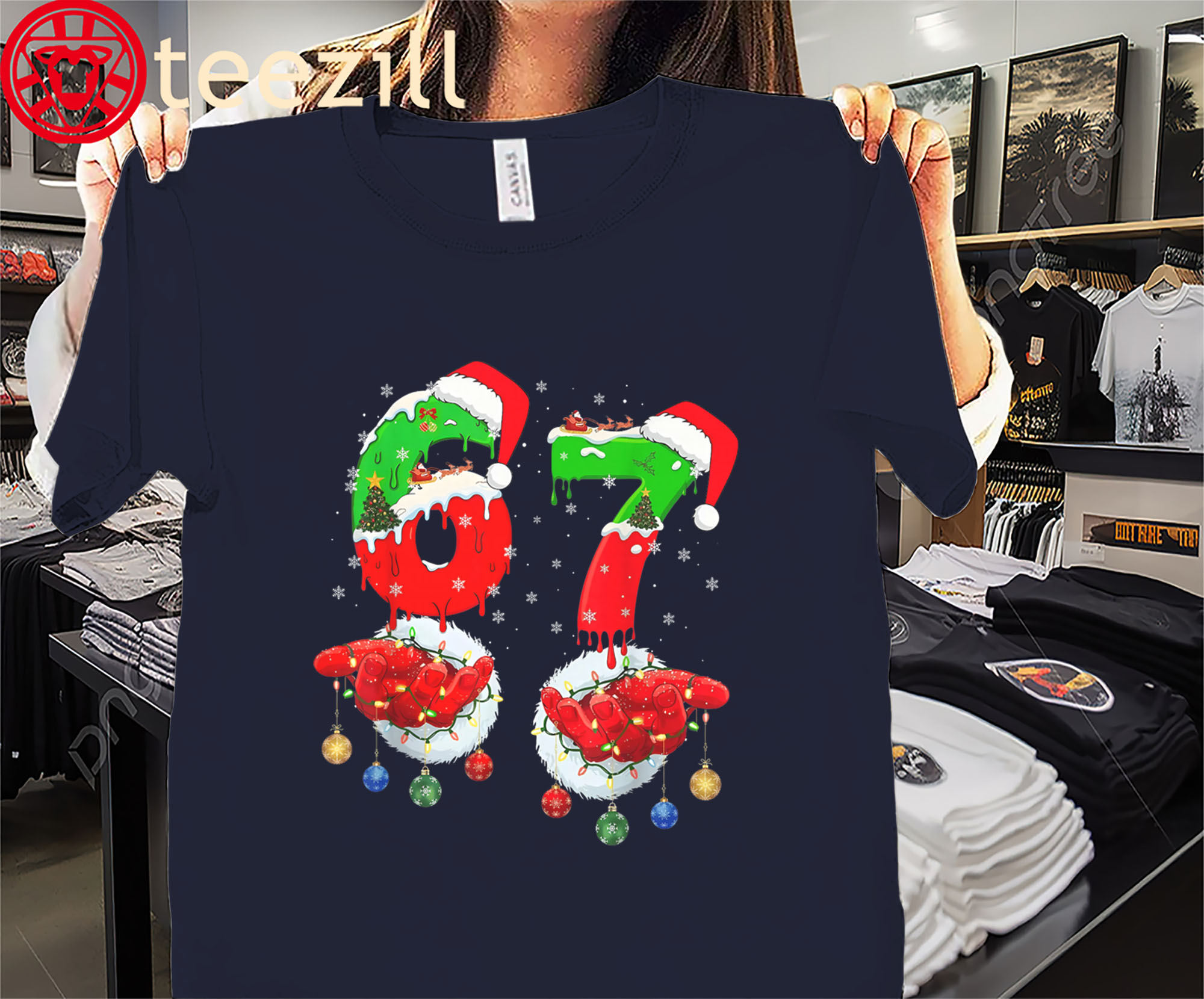 Funny Six Seven 67 Meme 6 7 Christmas Santa Hand Xmas Shirts