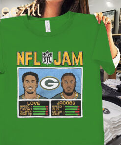 Official NFL Jam Packers Love And Jacobs Shirt Green Bay Packers Football Tee