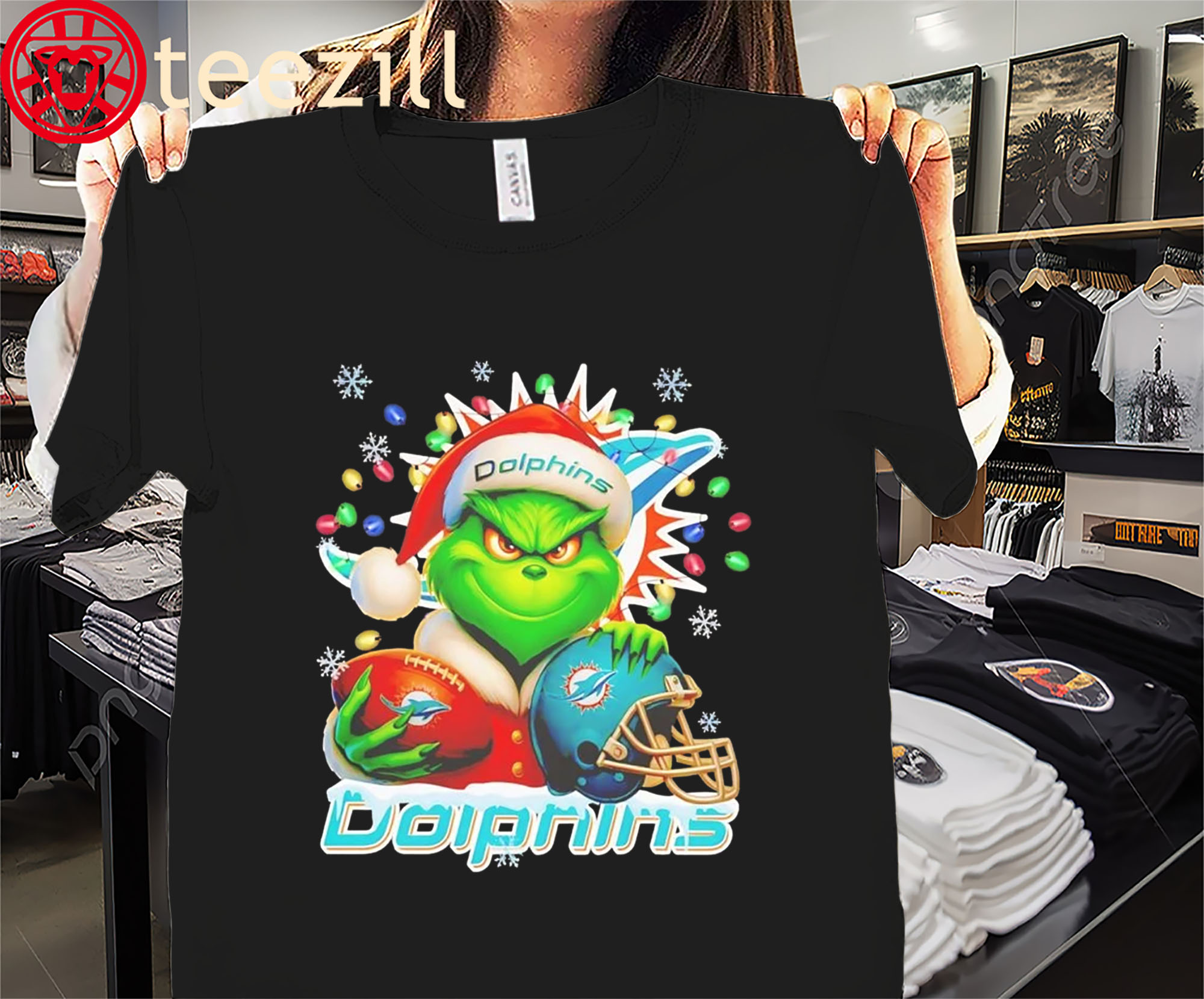 Grinch Miami Dolphins Christmas Light Premium Tee Shirts