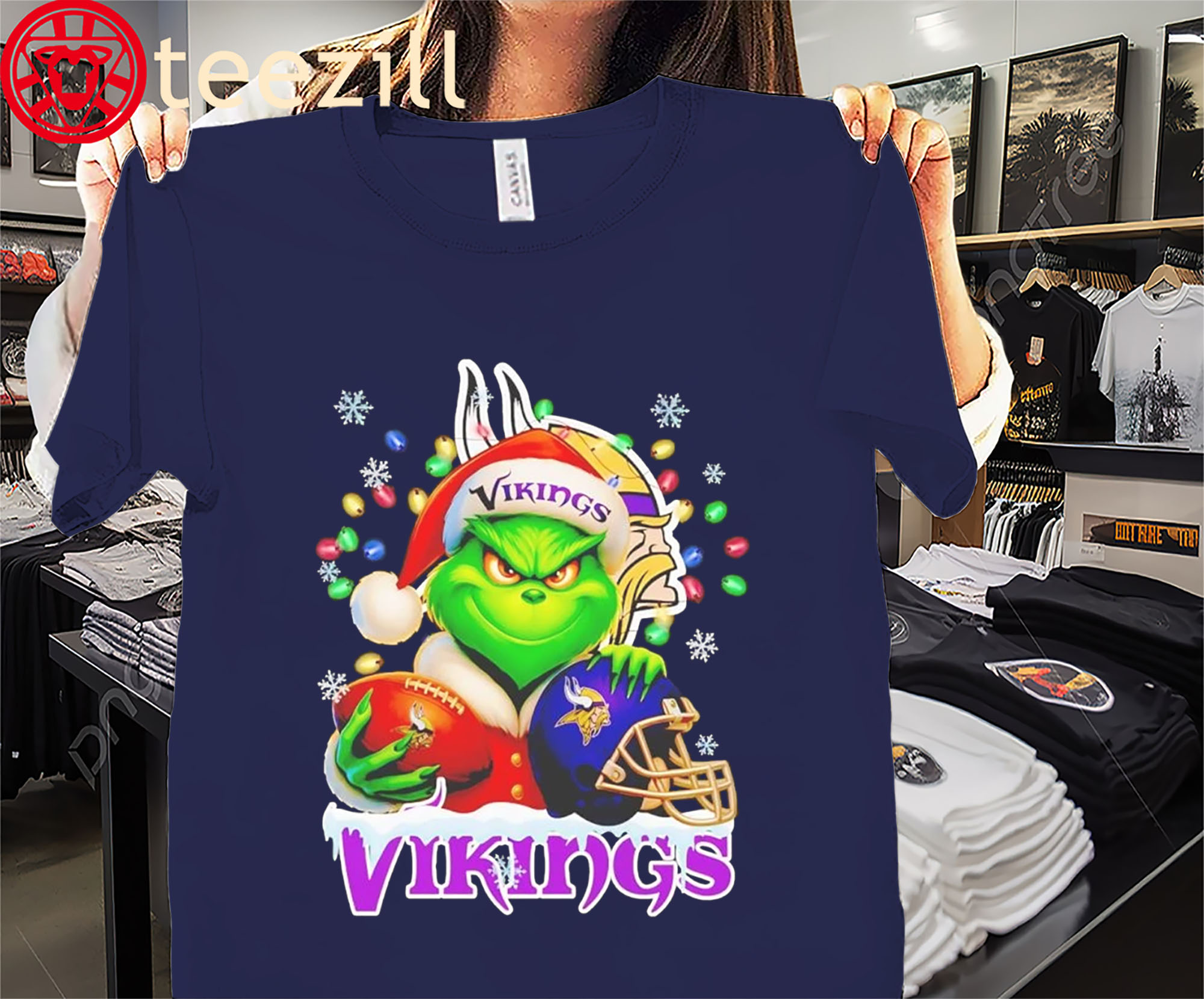 Grinch Minnesota Vikings Christmas Light Premium Tee Shirts