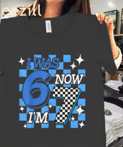 Blue Checkered Birthday Boy I Was 6 Now I'm 7 Shirt