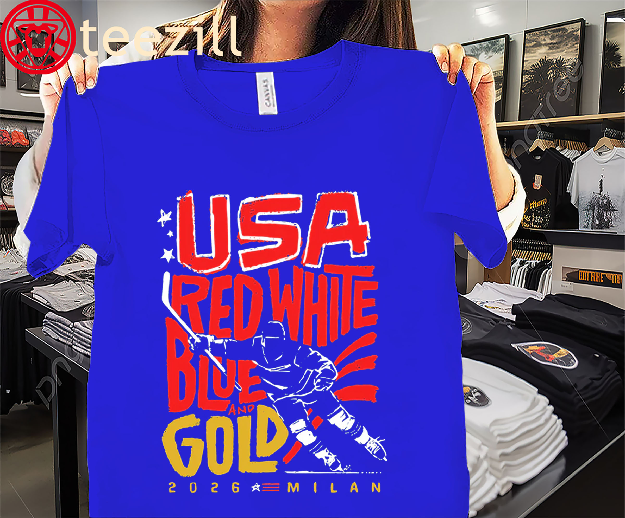 USA Hockey Red, White, Blue & Gold Shirt – Patriotic Hockey Fan Tee