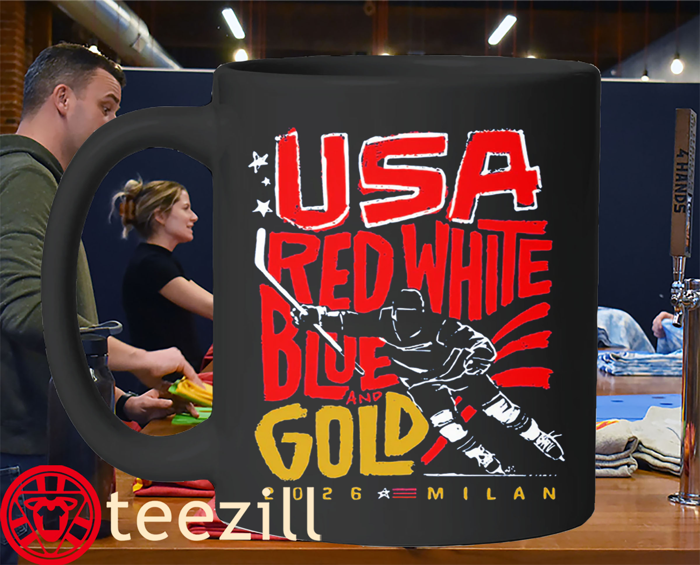 USA Hockey Red, White, Blue & Gold Shirt – Patriotic Hockey Fan TeeMug