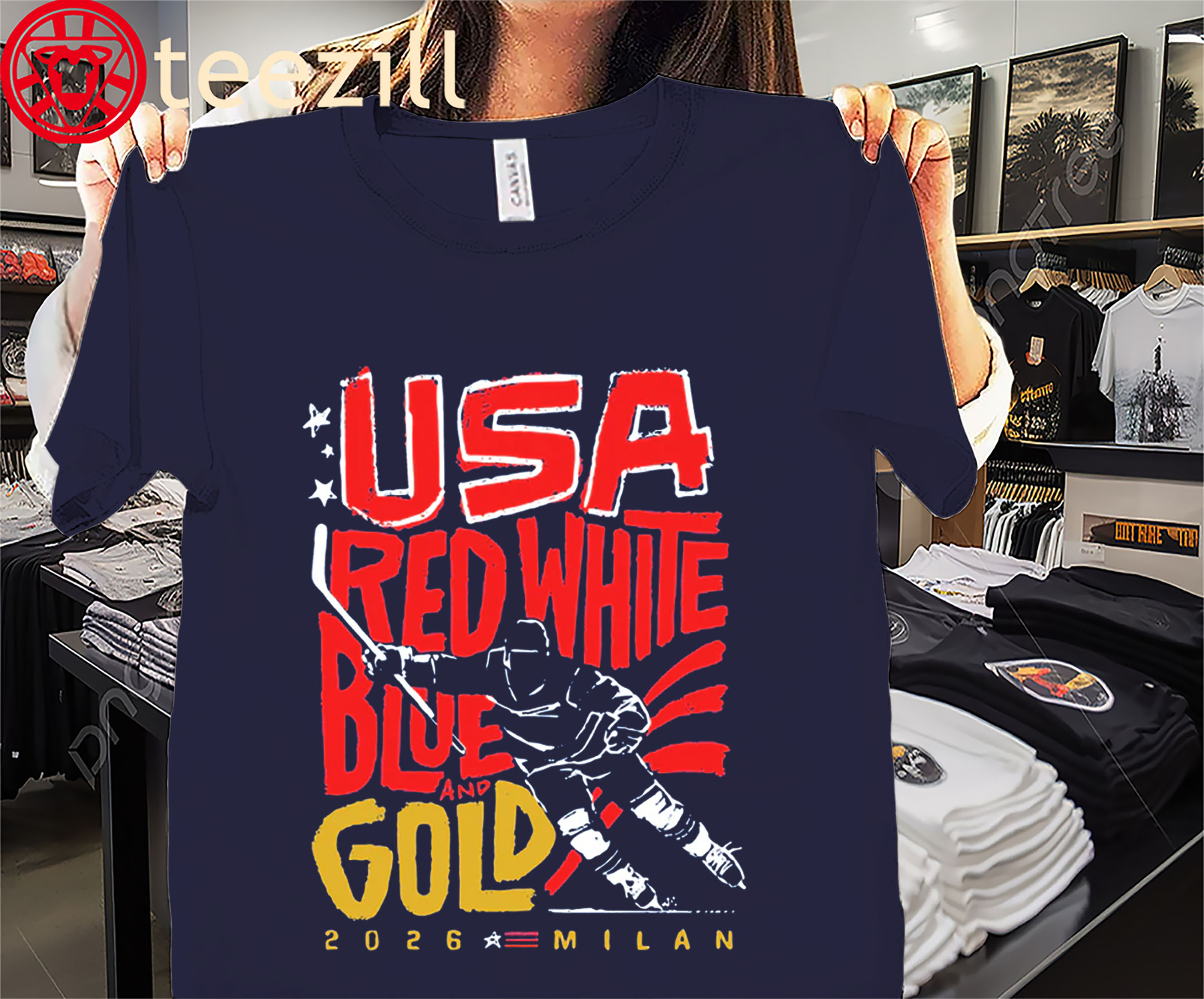 USA Hockey Red, White, Blue & Gold Shirt – Patriotic Hockey Fan Tees