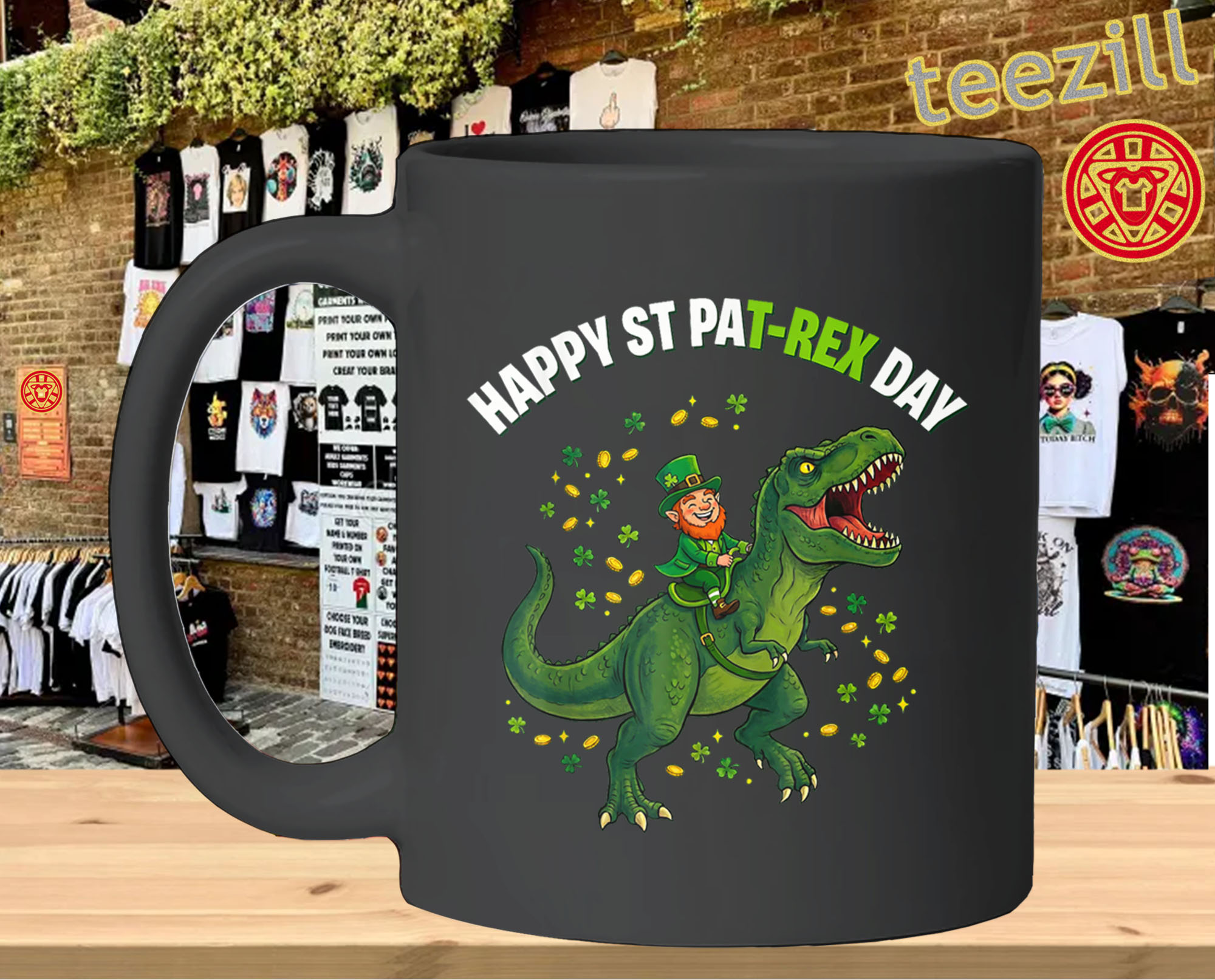 Dino St. Patrick’s Day Kids Shirt – Leprechaun Dinosaur Boys Graphic TeeMug