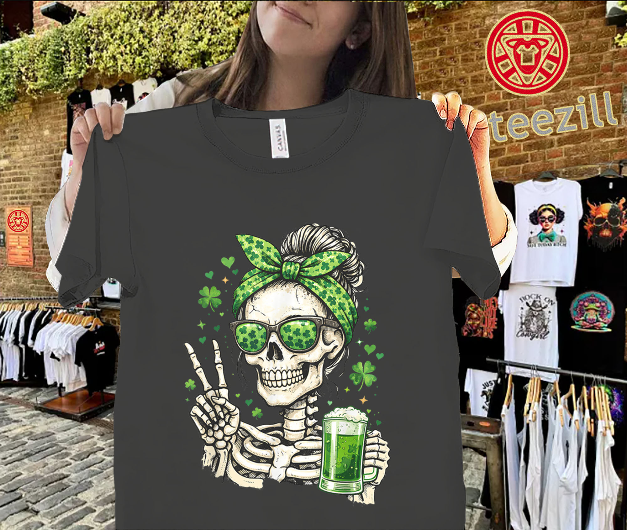 Skull Sunglasses Messy Bun St. Patrick’s Day Shirt – Funny Irish Graphic Tee - Image 2