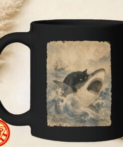 Black Cat Biting Shark Anime mug-design