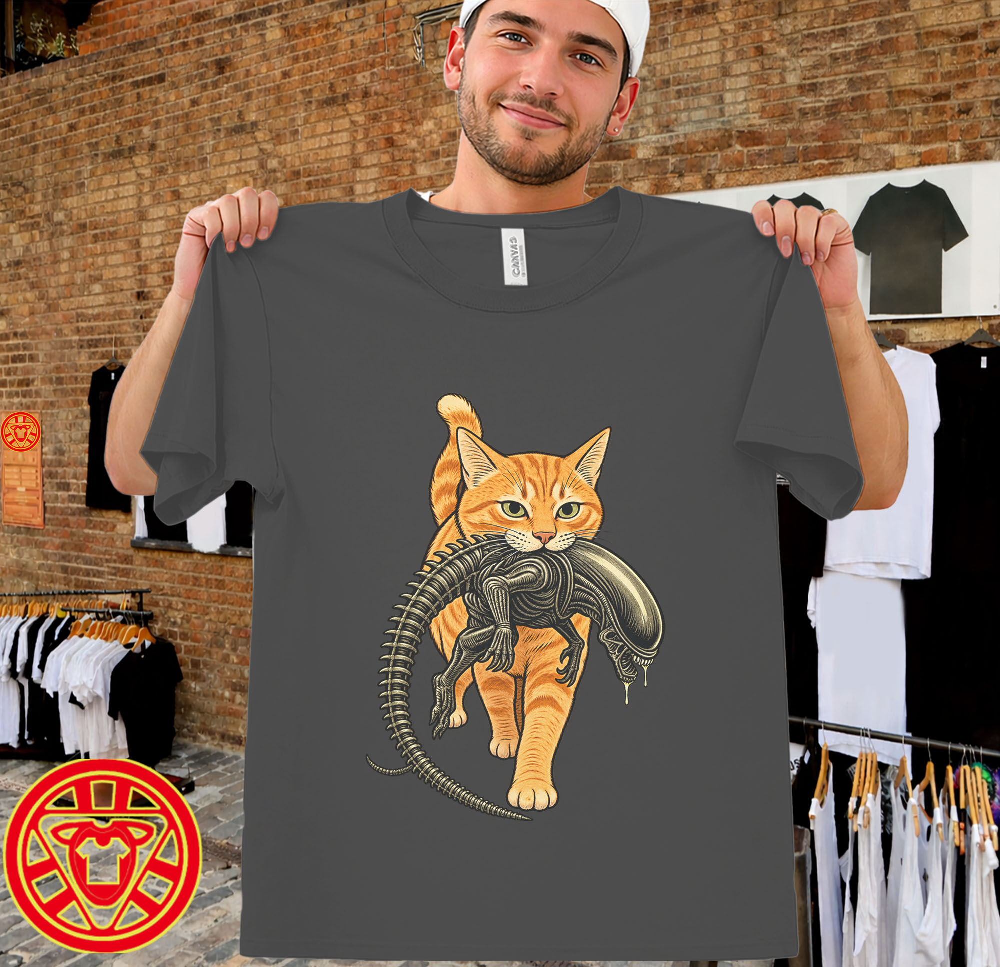 Cat Carrying Alien Orange Tabby men-design